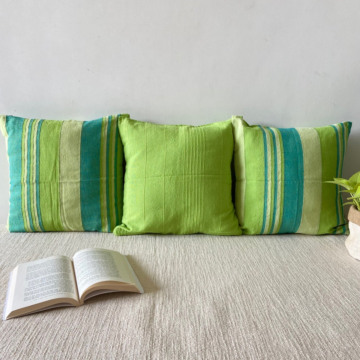 Handloom Green Cotton Cushion Covers (Pack of 3)