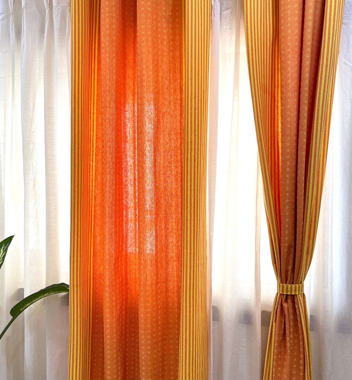 Handloom Cotton Orange-Yellow Darkened Glow Curtains 7 feet (Set of 2)