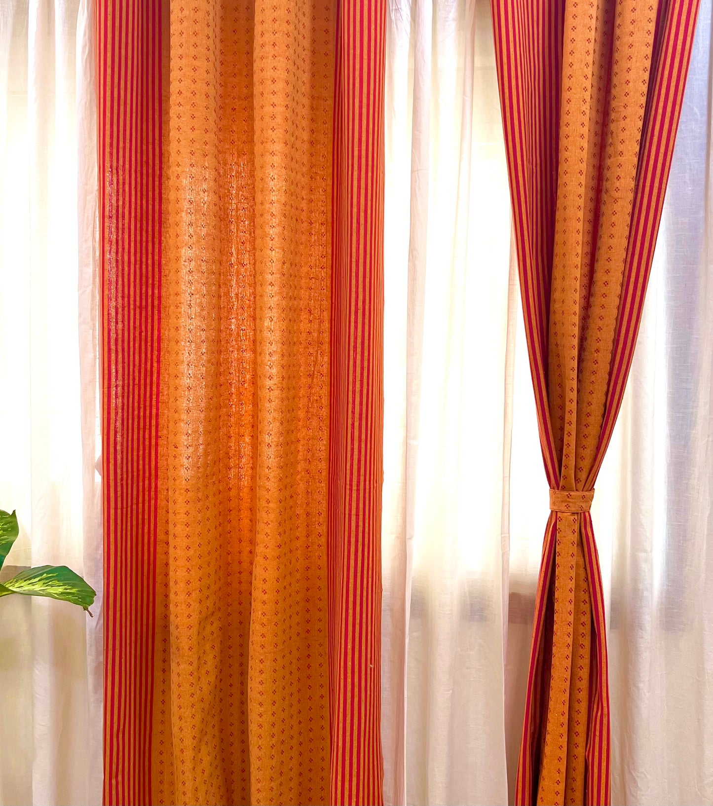 Handloom Cotton Orange-Red Darkened Glow Curtains 9 feet (Set of 2)