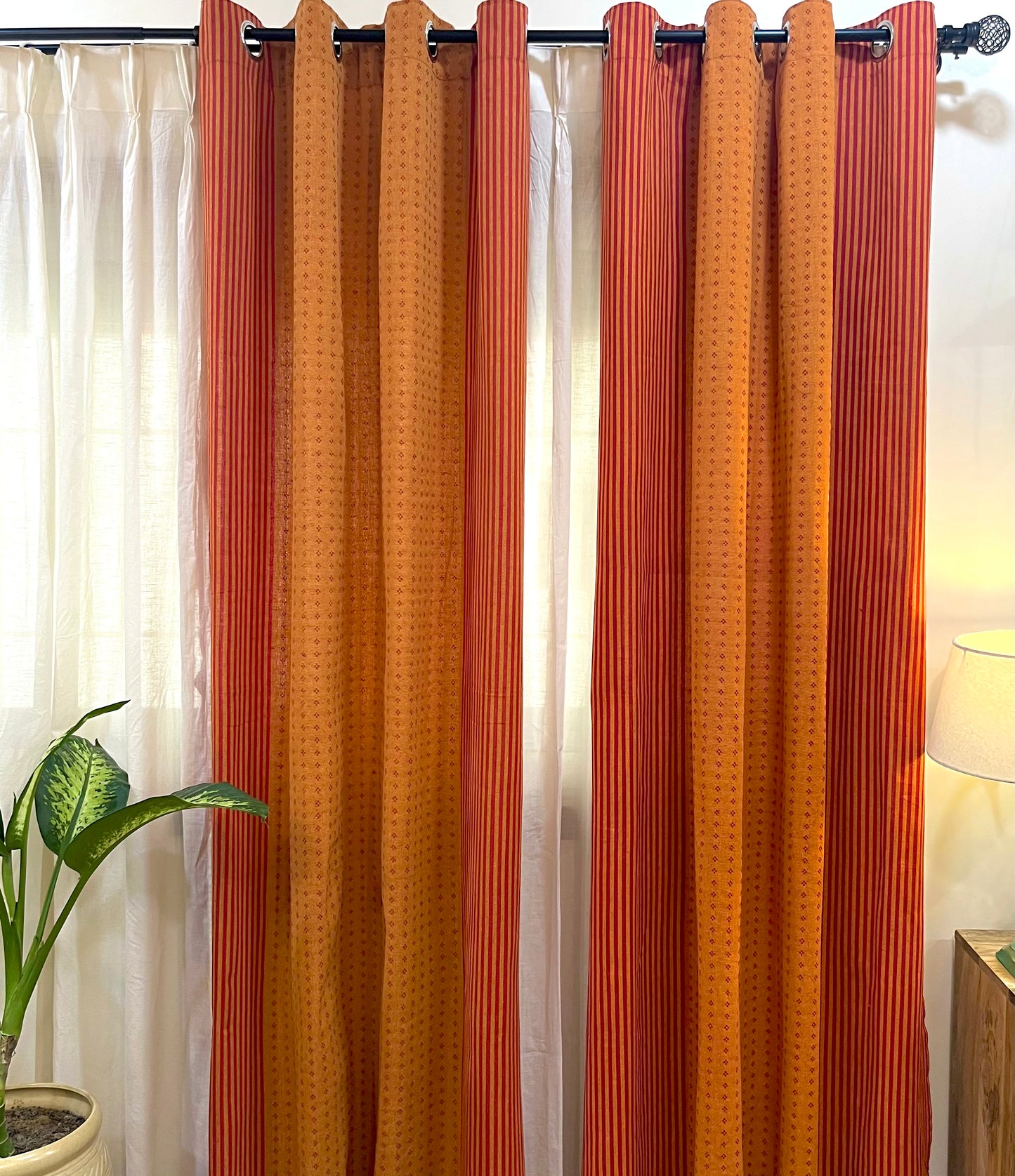 Handloom Cotton Orange-Red Darkened Glow Curtains 5 feet (Set of 2)