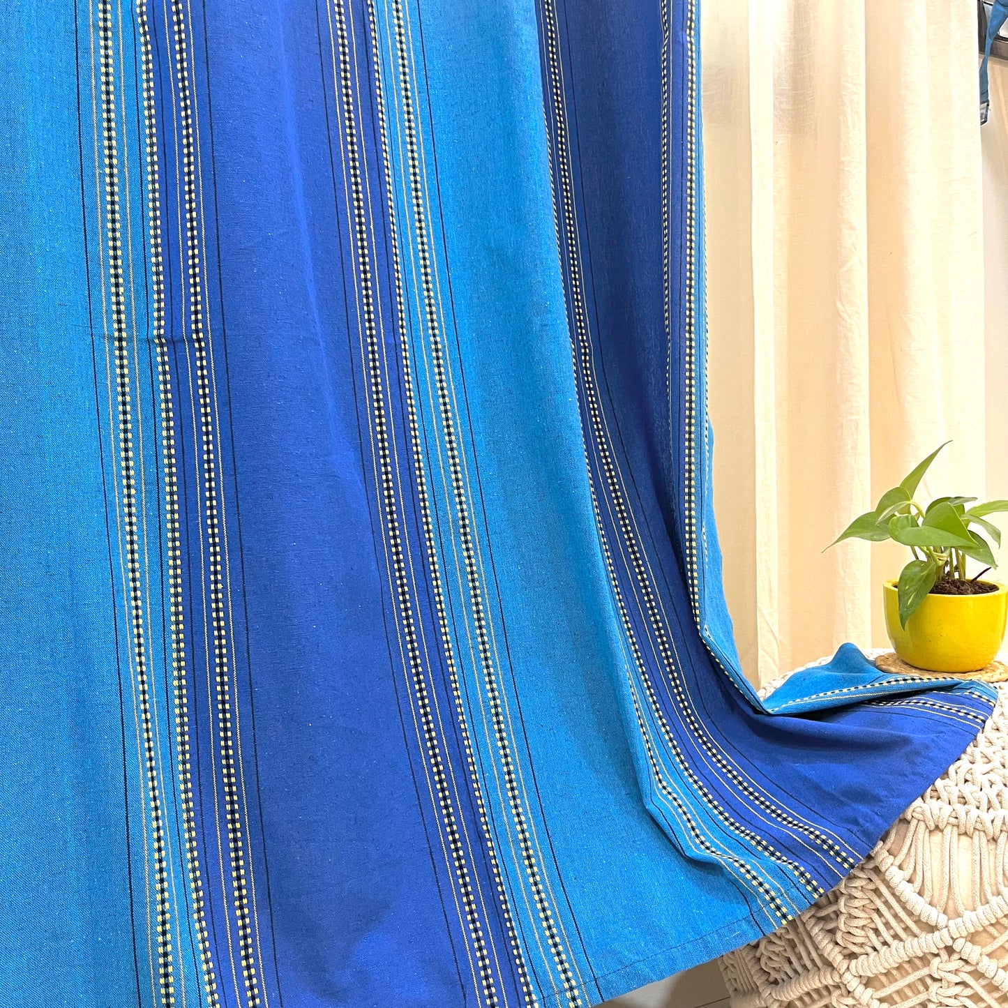 Handloom Cotton Blue Striped Darkened Glow Curtains 7 feet (Set of 2)