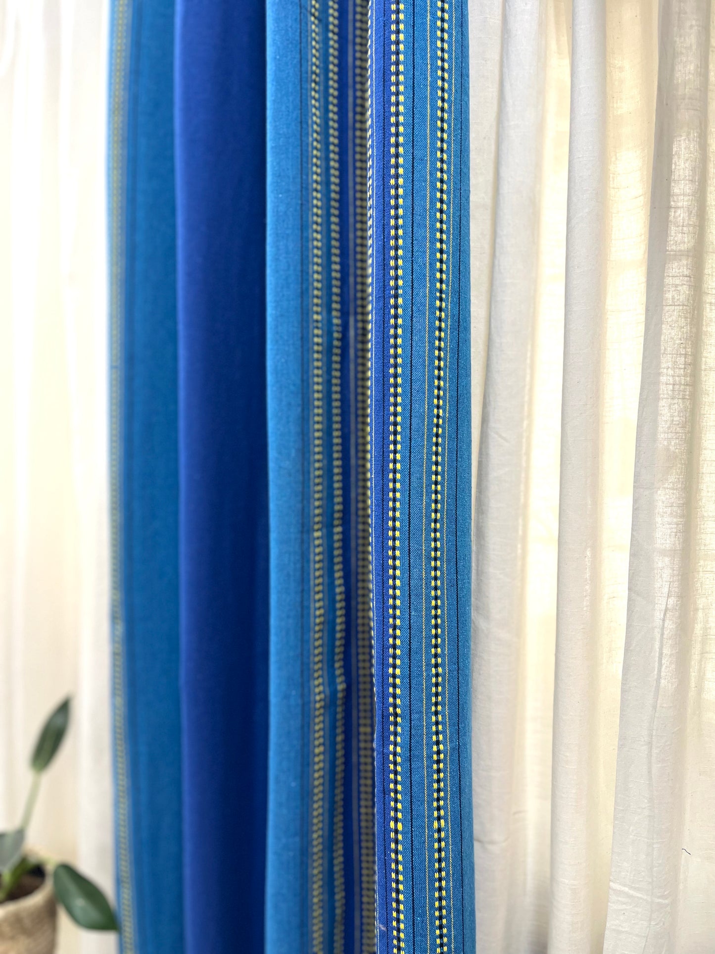 Handloom Cotton Blue Striped Darkened Glow Curtains 7 feet (Set of 2)