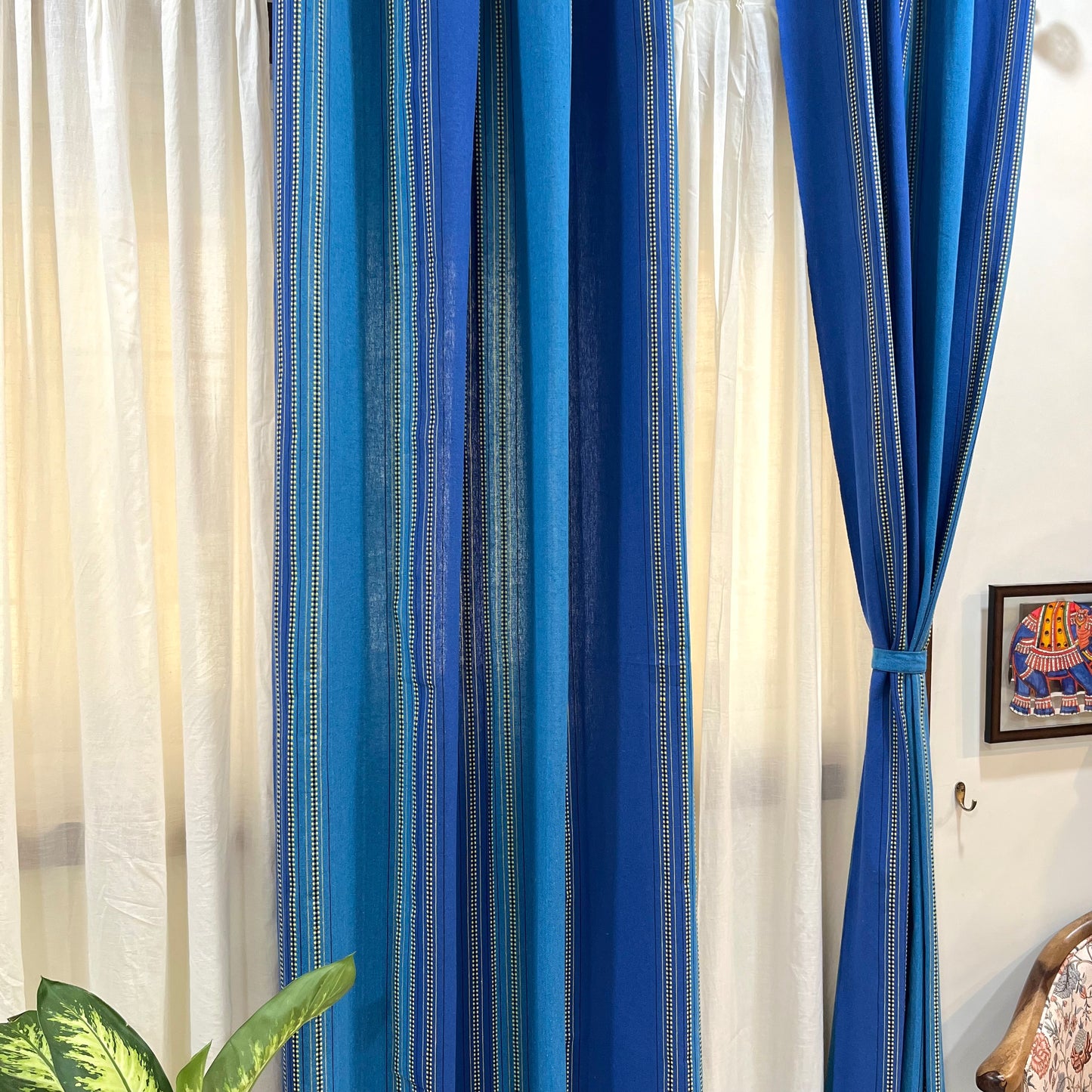 Handloom Cotton Blue Striped Darkened Glow Curtains 7 feet (Set of 2)