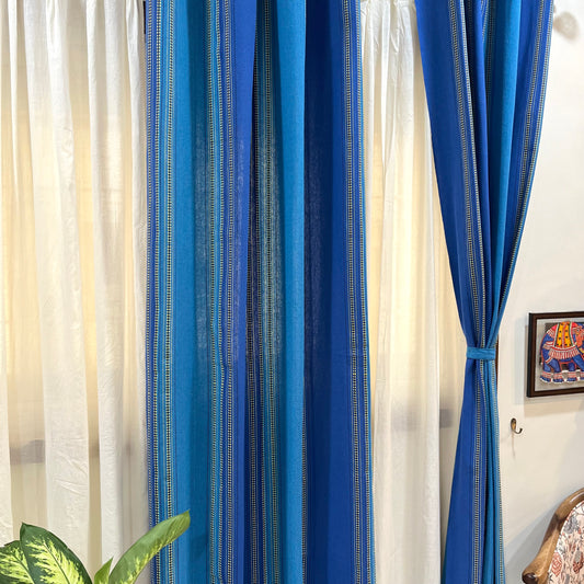 Handloom Cotton Blue Striped Darkened Glow Curtains 8 feet (Set of 2)