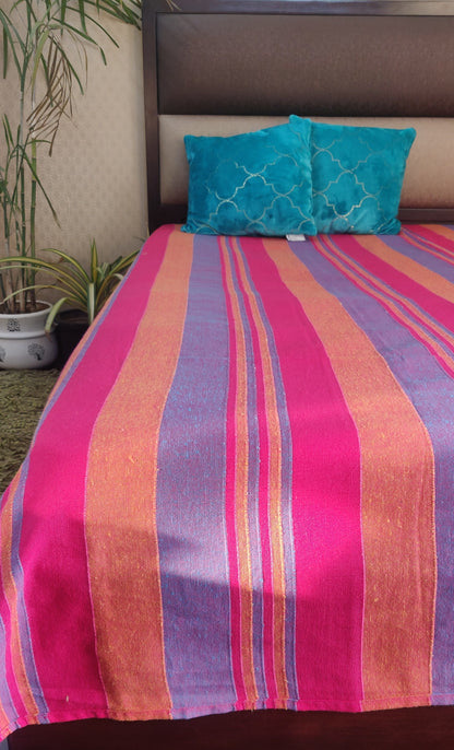 Handloom Cotton Pink Striped Single Bedcover without Pillow Covers