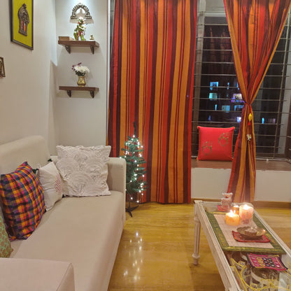 Handloom Cotton Red Striped Light Filtering Curtains 5 feet (Set of 2)