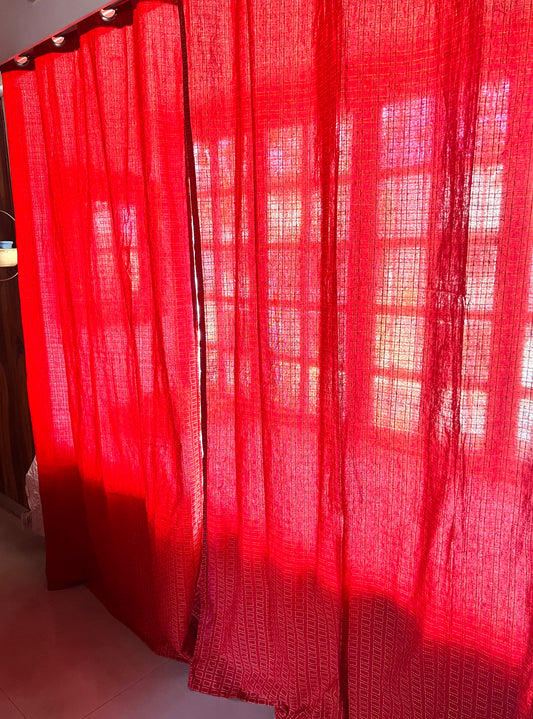 Handloom Cotton Red Box Light Filtering Curtains 9 feet (Set of 2)