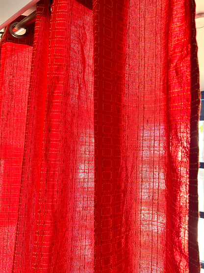 Handloom Cotton Red Box Light Filtering Curtains 8 feet (Set of 2)