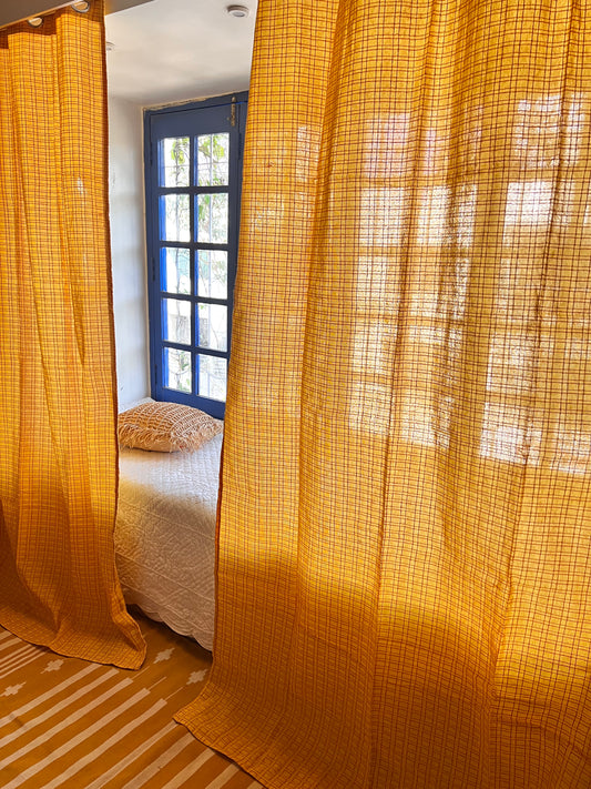 Handloom Cotton Yellow Box Light Filtering Curtains 9 feet (Set of 2)