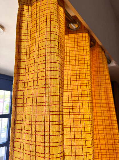 Handloom Cotton Yellow Box Light Filtering Curtains 8 feet (Set of 2)