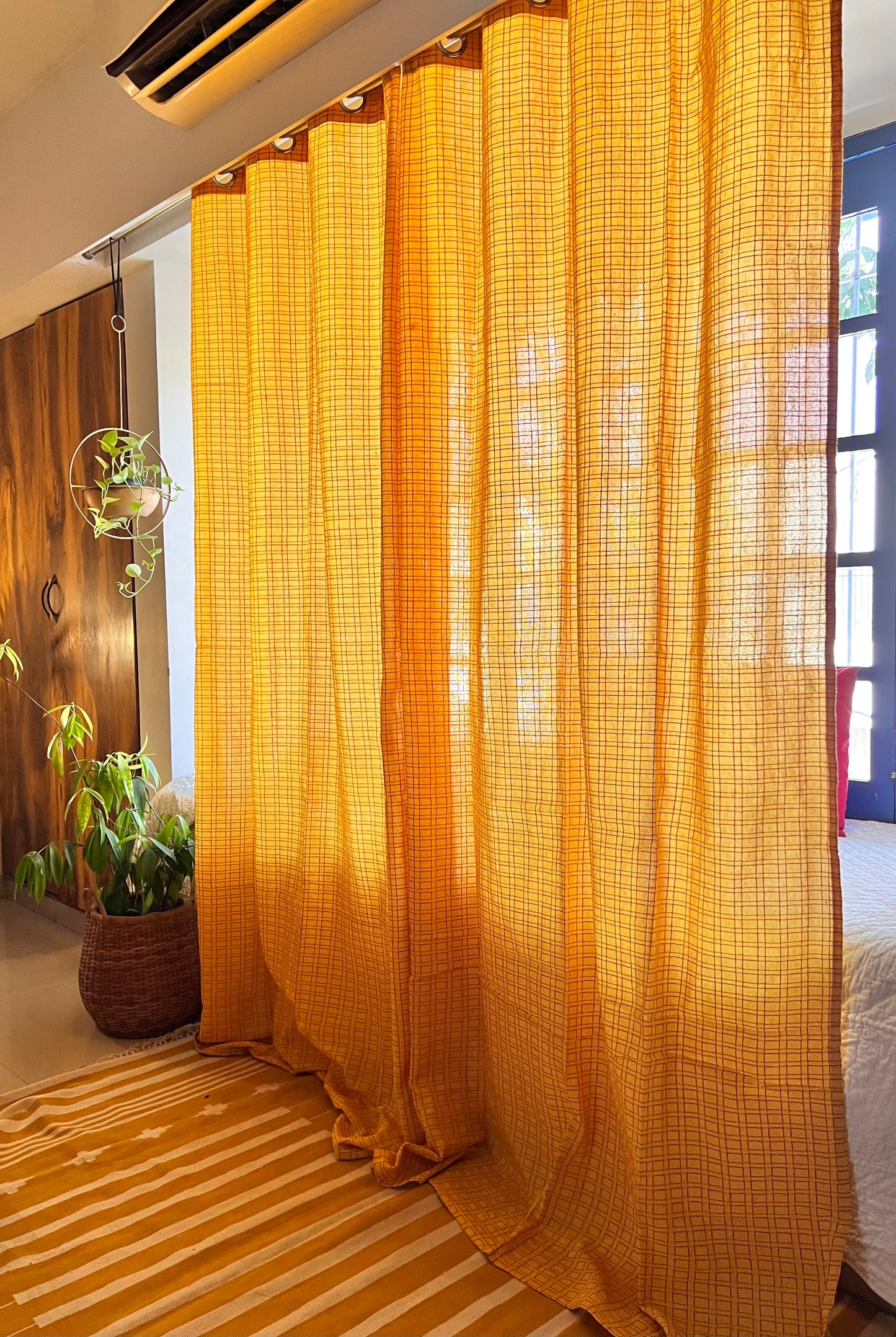 Handloom Cotton Yellow Box Light Filtering Curtains 8 feet (Set of 2)