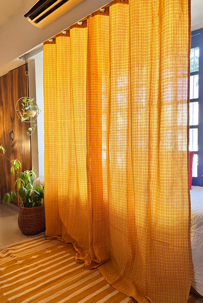 Handloom Cotton Yellow Box Light Filtering Curtains 8 feet (Set of 2)