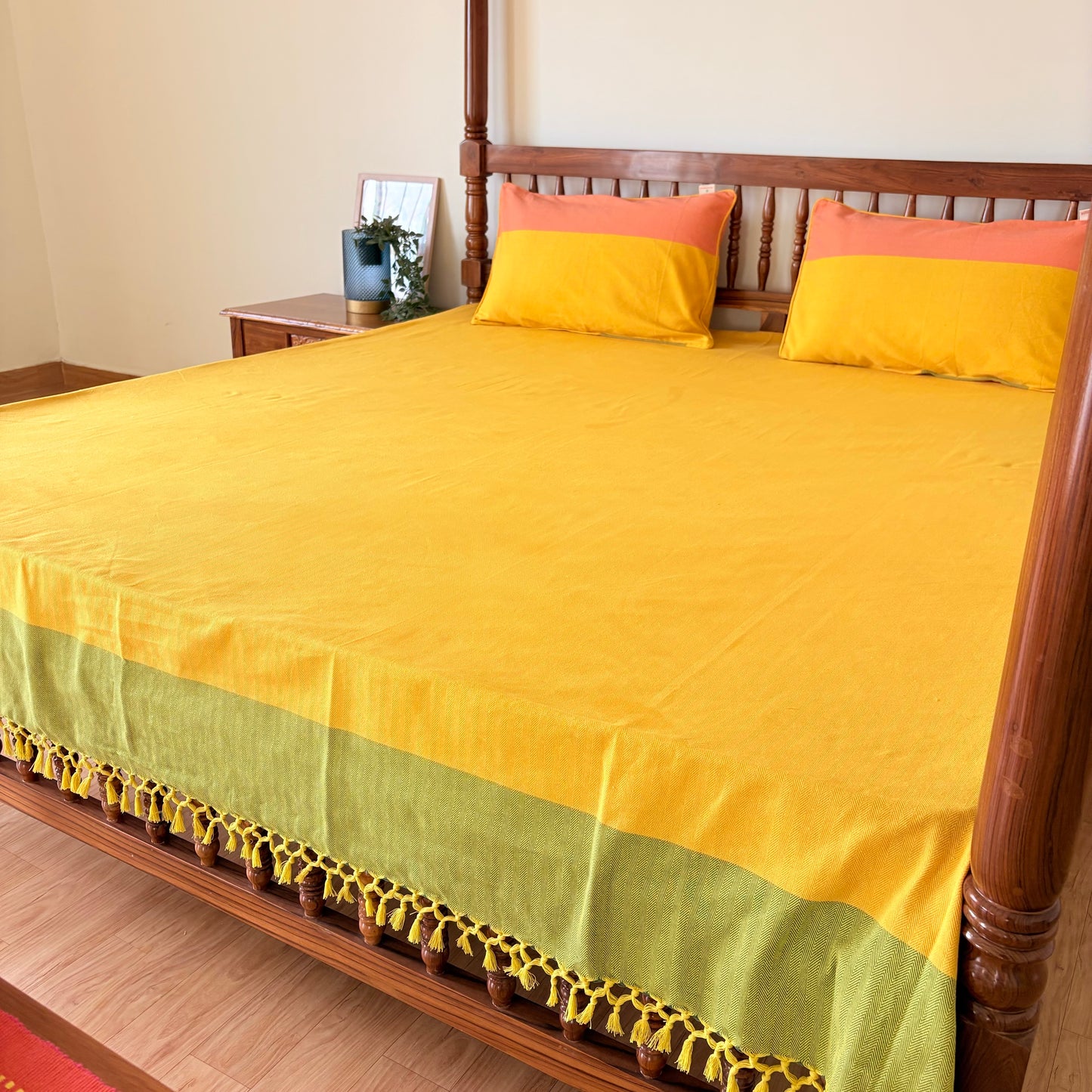 Handloom Yellow Premium Cotton Bedcover without Pillow Covers