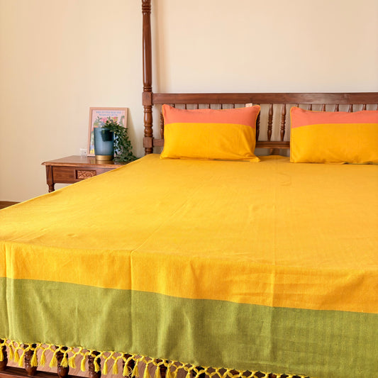 Handloom Yellow Premium Cotton Bedcover without Pillow Covers
