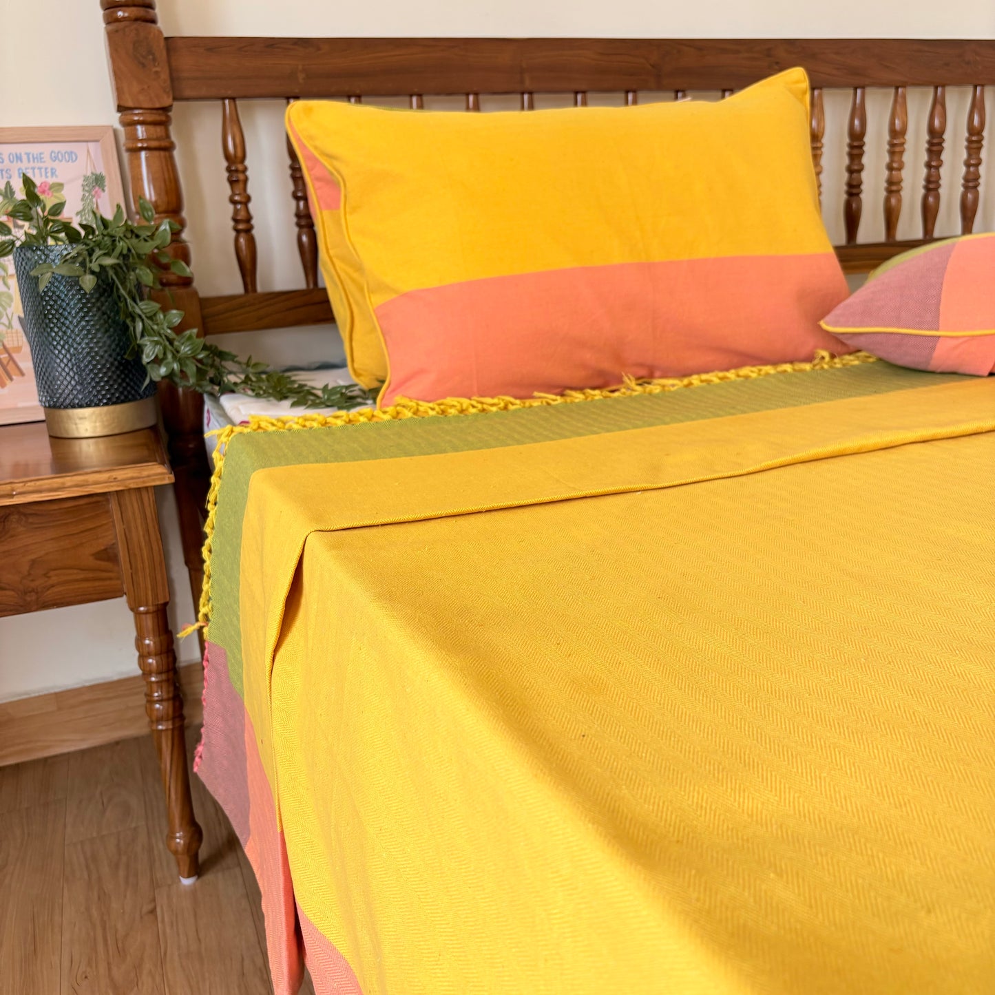 Handloom Yellow Premium Cotton Bedcover without Pillow Covers