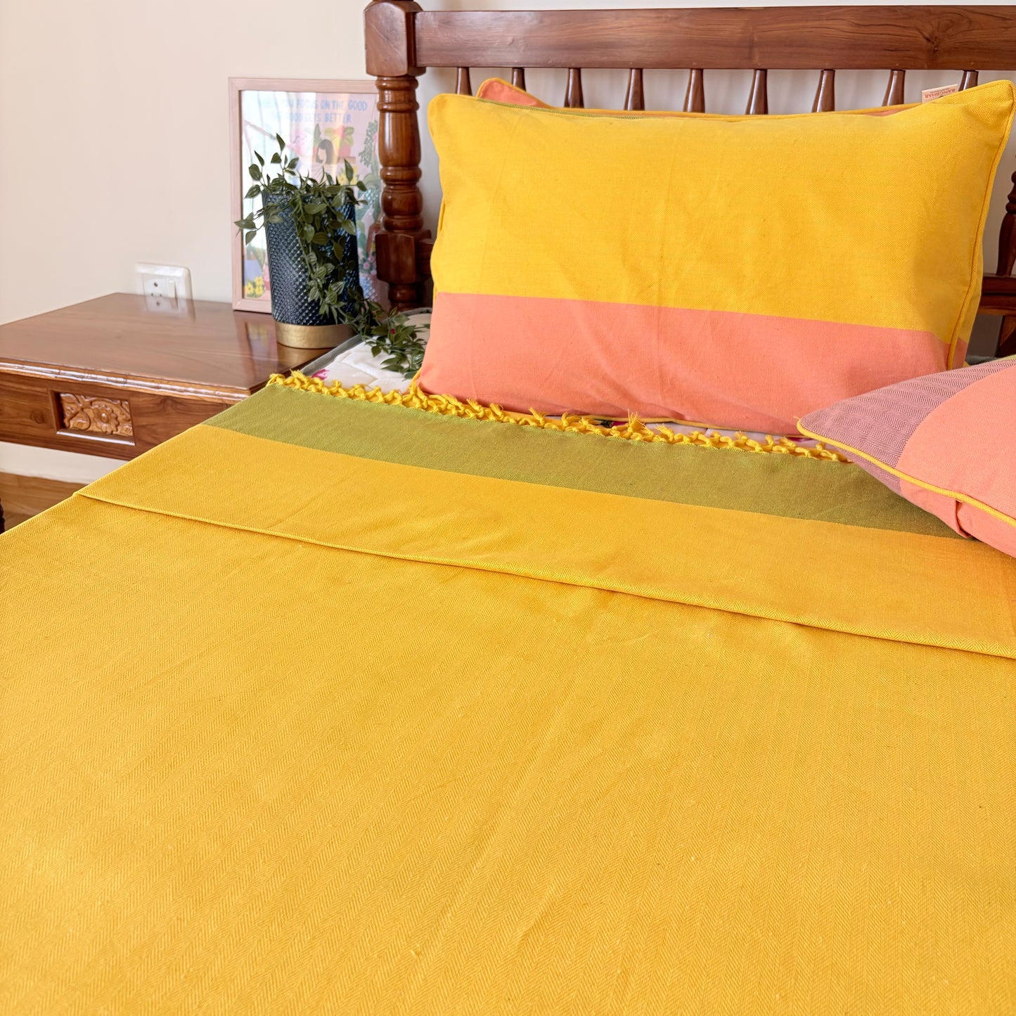 Handloom Yellow Premium Cotton Bedcover without Pillow Covers