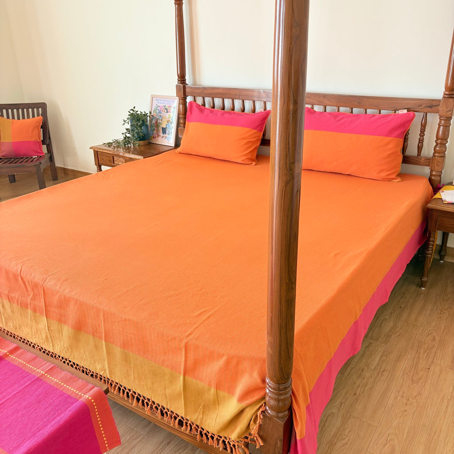 Handloom Orange Premium Cotton Bedcover without Pillow Covers