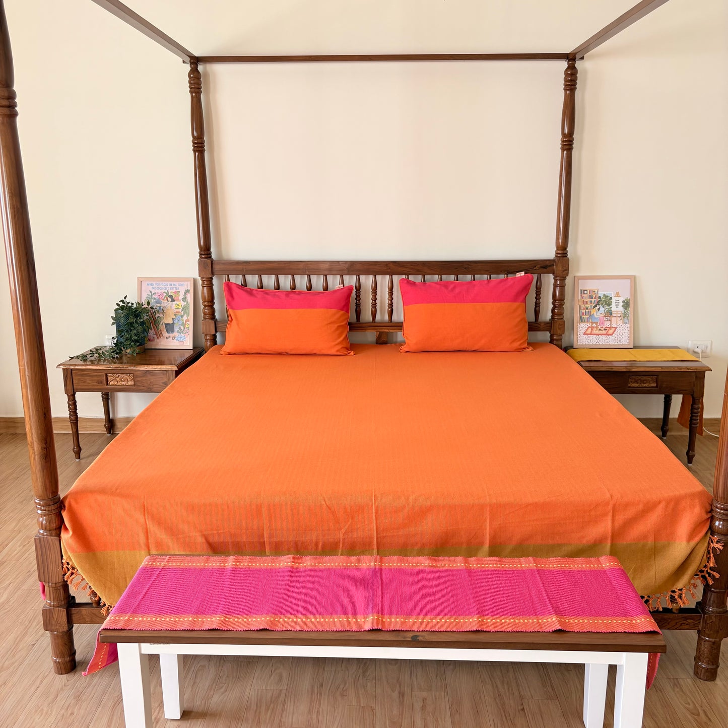 Handloom Orange Premium Cotton Bedcover without Pillow Covers