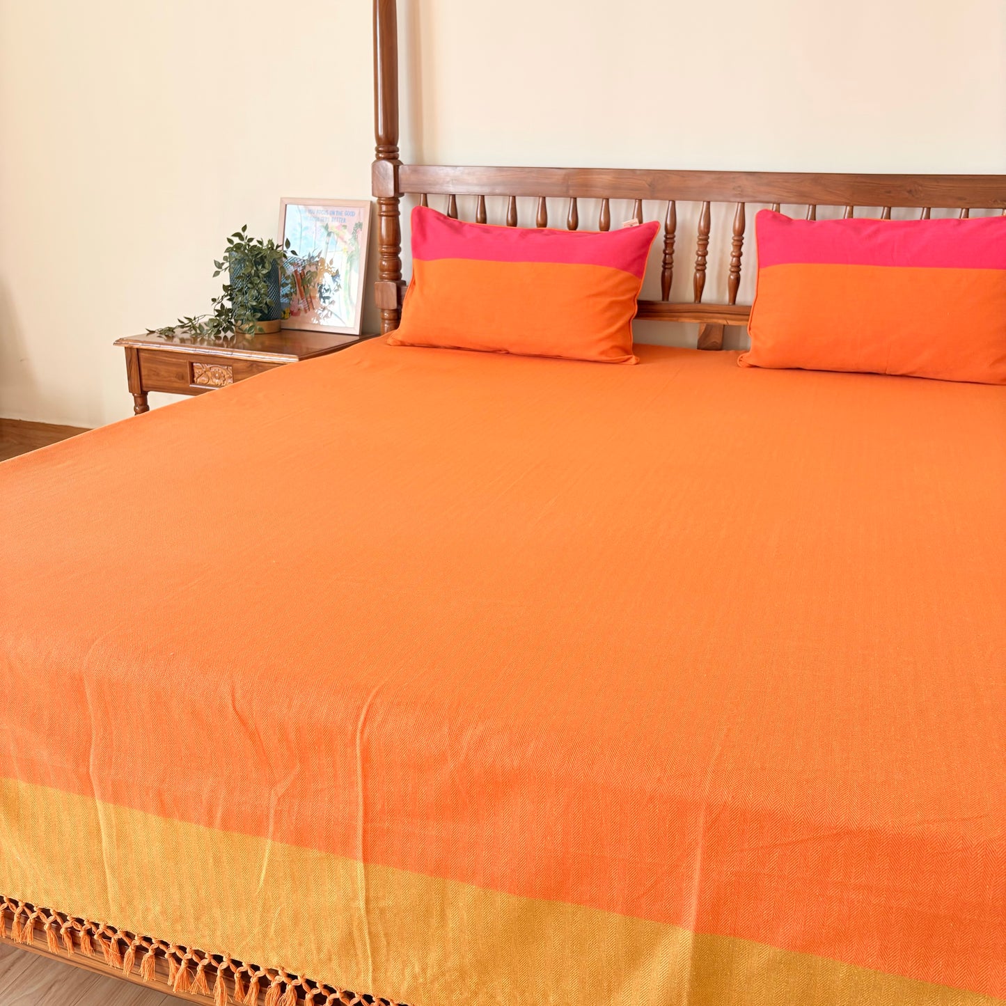 Handloom Orange Premium Cotton Bedcover without Pillow Covers