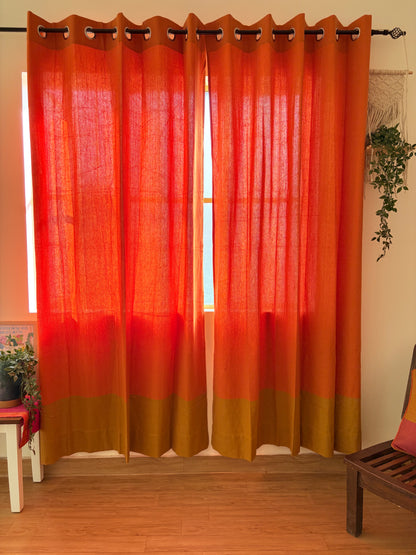 Handloom Orange Premium Cotton Curtains 7 feet (Set of 2)