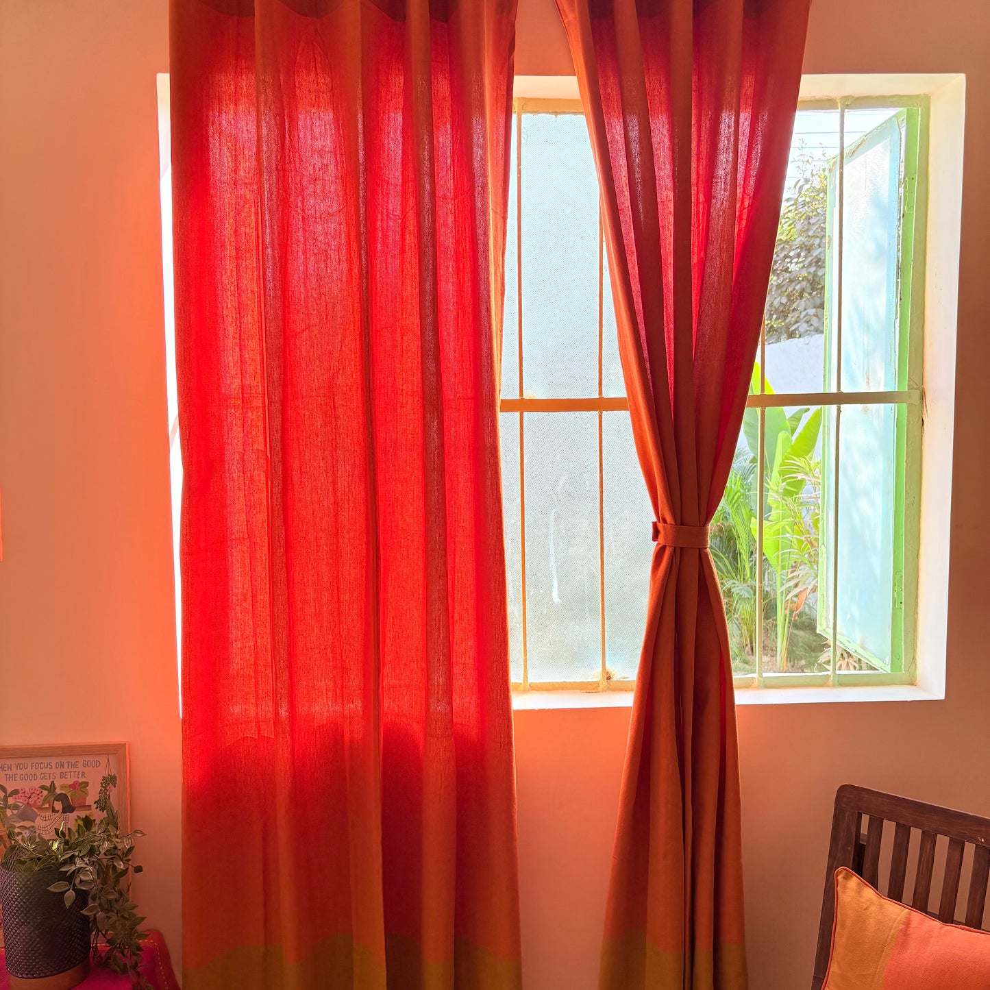 Handloom Orange Premium Cotton Curtains 7 feet (Set of 2)