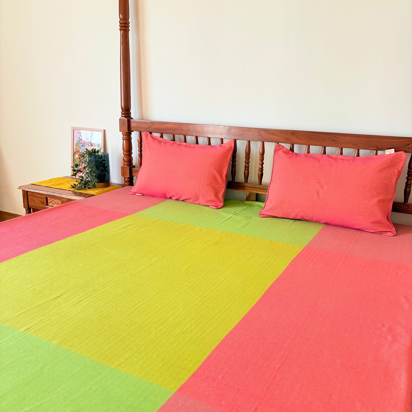 Handloom Green Premium Cotton Bedcover with Pillow Covers