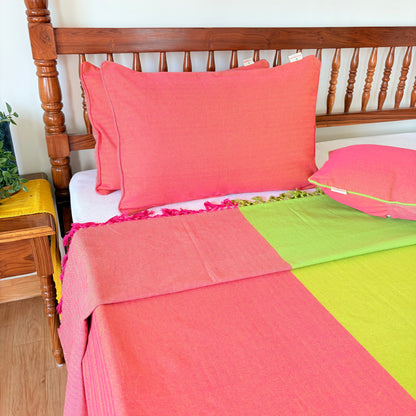 Handloom Green Premium Cotton Bedcover with Pillow Covers