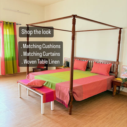 Handloom Green Premium Cotton Bedcover with Pillow Covers