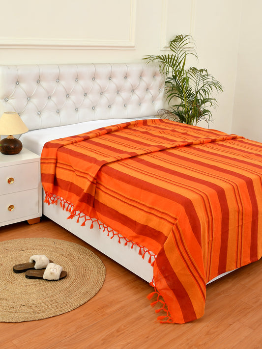 Handloom Cotton Orange Striped King Bedcover without Pillow Covers