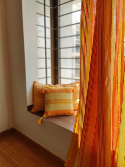 Handloom Cotton Yellow Striped Light Filtering Curtains 8 feet (Set of 2)
