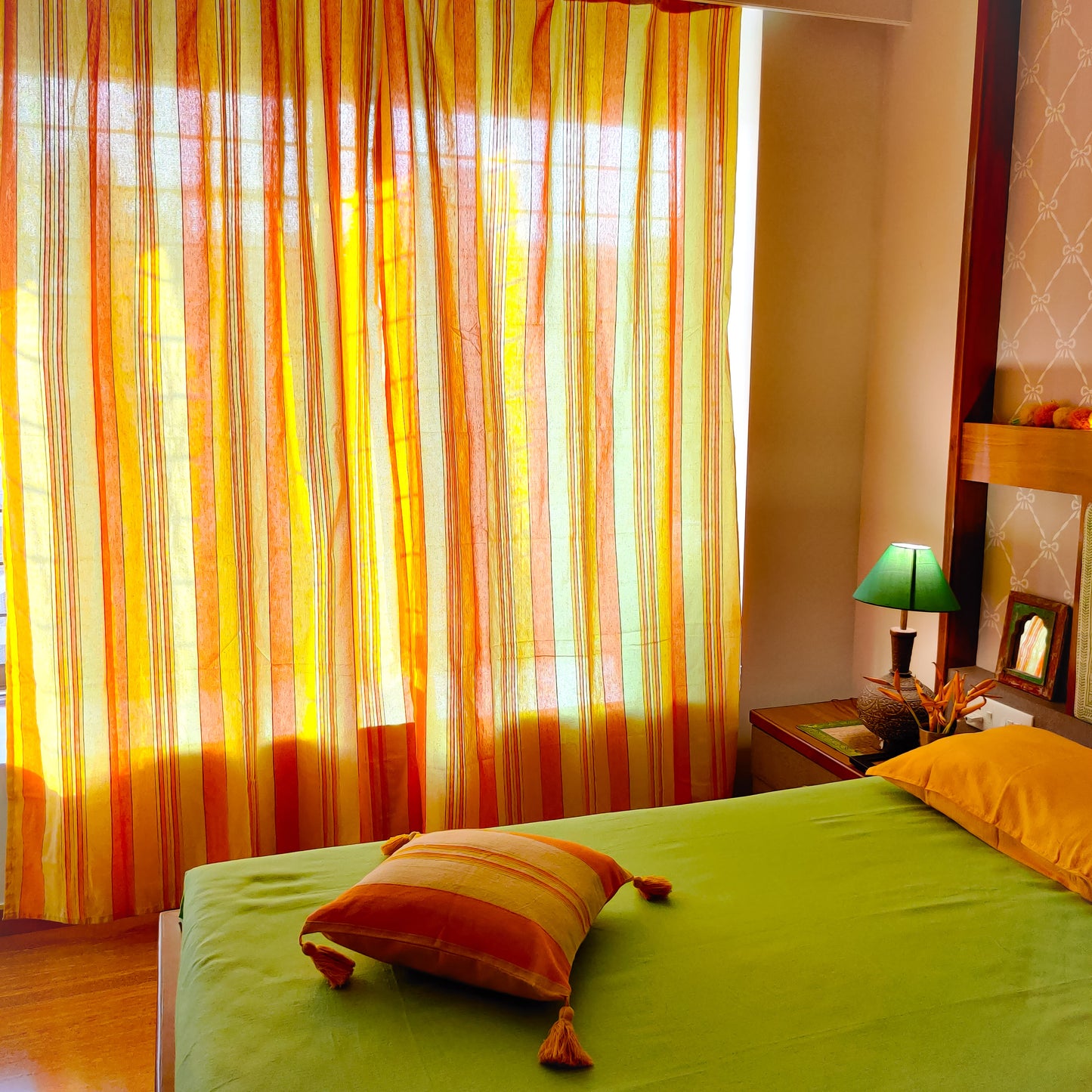 Handloom Cotton Yellow Striped Light Filtering Curtains 8 feet (Set of 2)