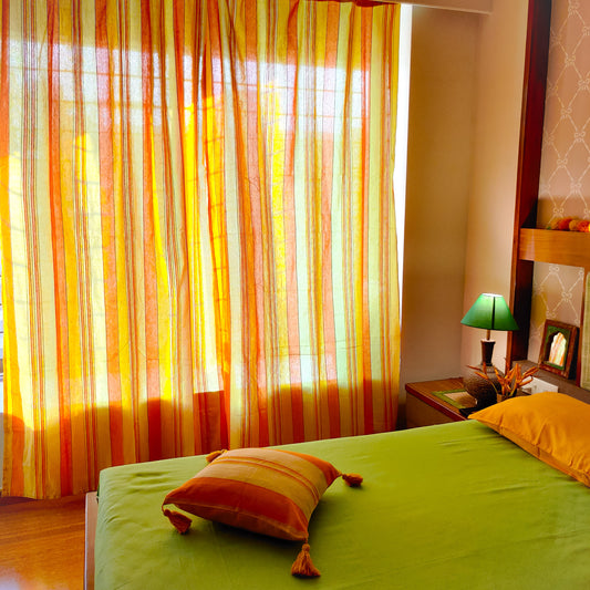 Handloom Cotton Yellow Striped Light Filtering Curtains 8 feet (Set of 2)