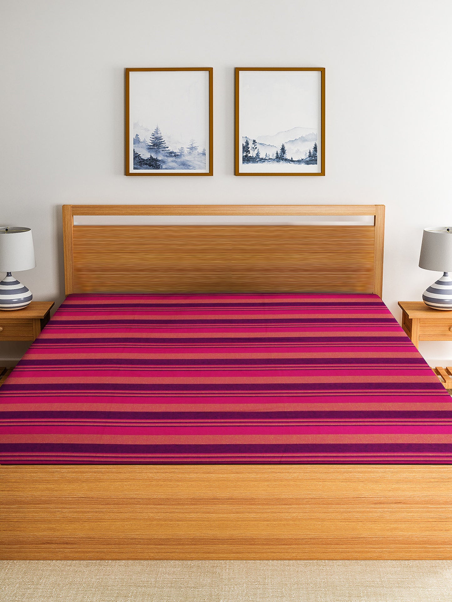 Handloom Cotton Purple Striped Double Bedcover without Pillow Covers