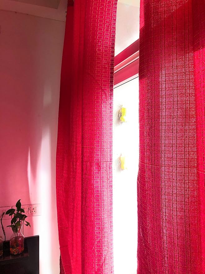 Handloom Cotton Pink Box Light Filtering Curtains 9 feet (Set of 2)