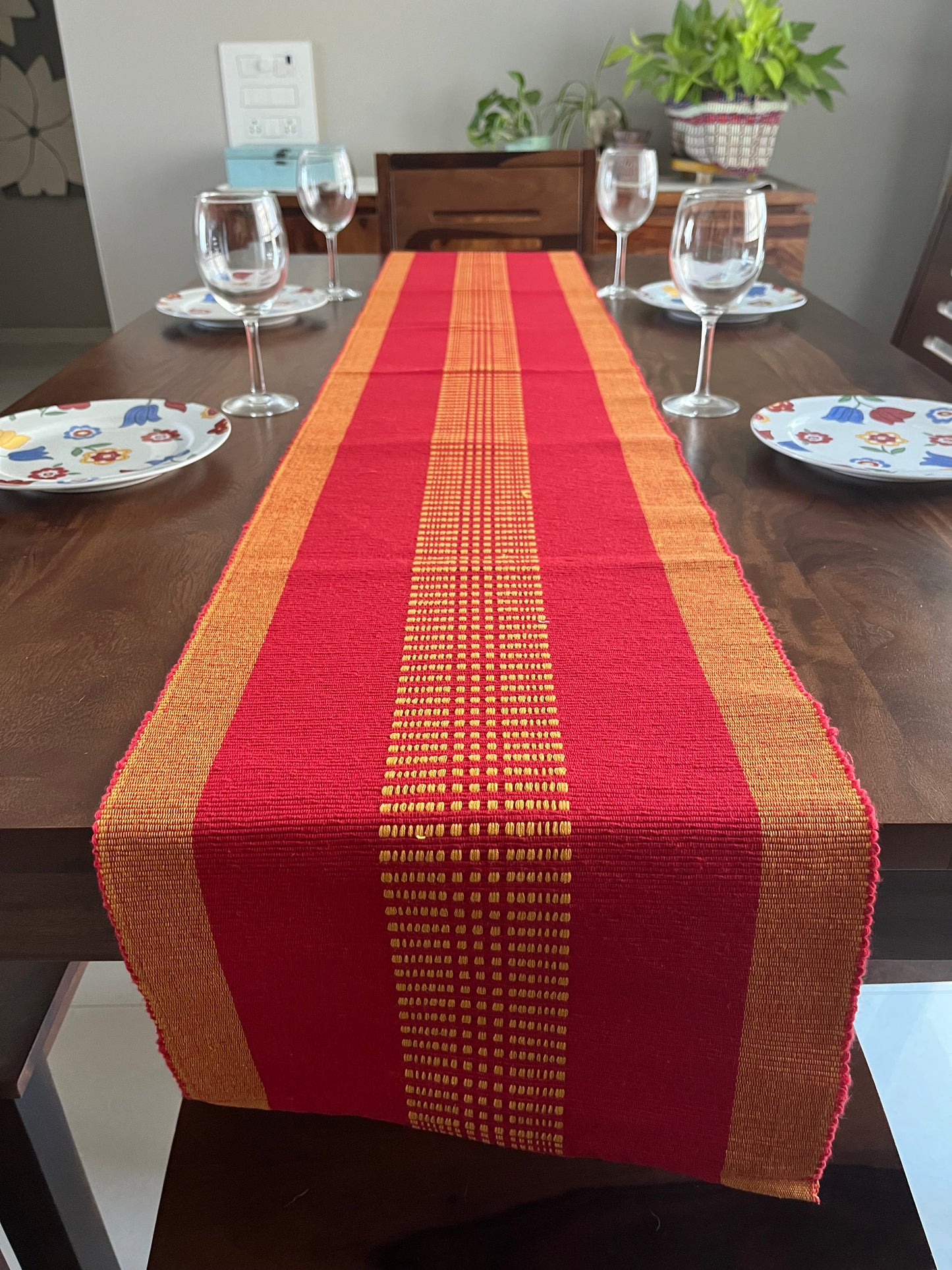 Cotton Red Yellow Ikat Table Runner Large