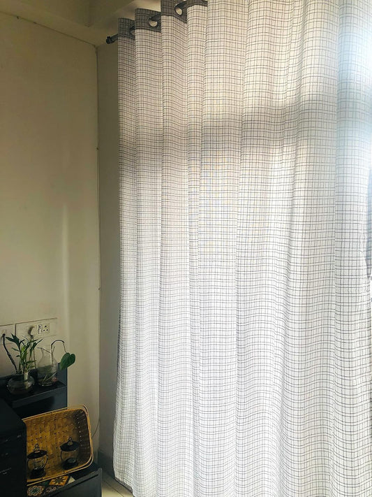 Handloom Cotton White Box Light Filtering Curtains 9 feet (Set of 2)