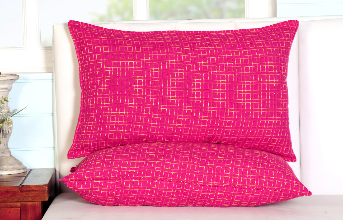 Handloom Cotton Pink Box Pillow Covers (Set of 2)