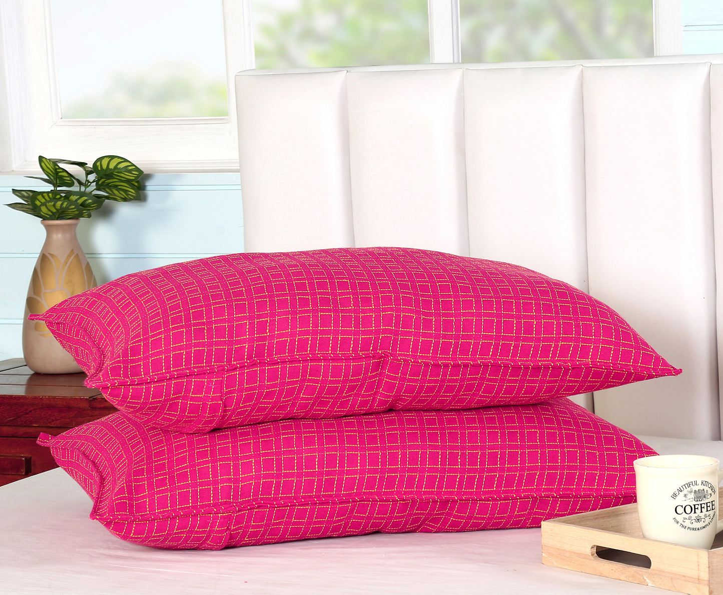Handloom Cotton Pink Box Pillow Covers (Set of 2)