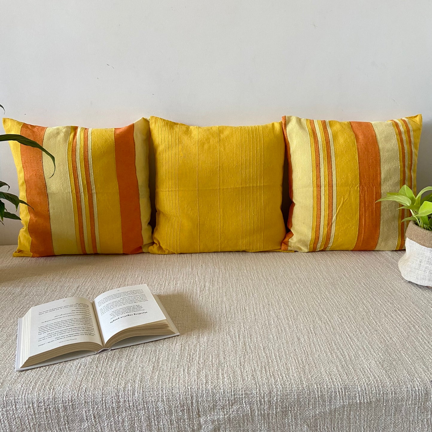Handloom Yellow Cotton Cushion Covers (Pack of 3)