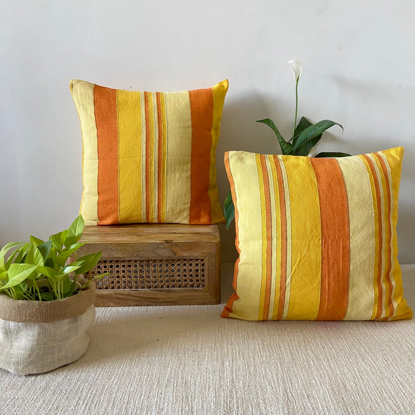 Handloom Yellow Cotton Cushion Covers (Pack of 2)