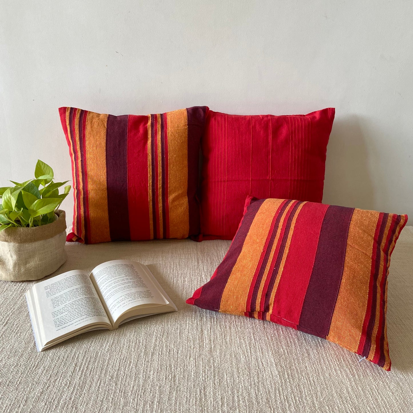 Handloom Red Cotton Cushion Covers (Pack of 3)