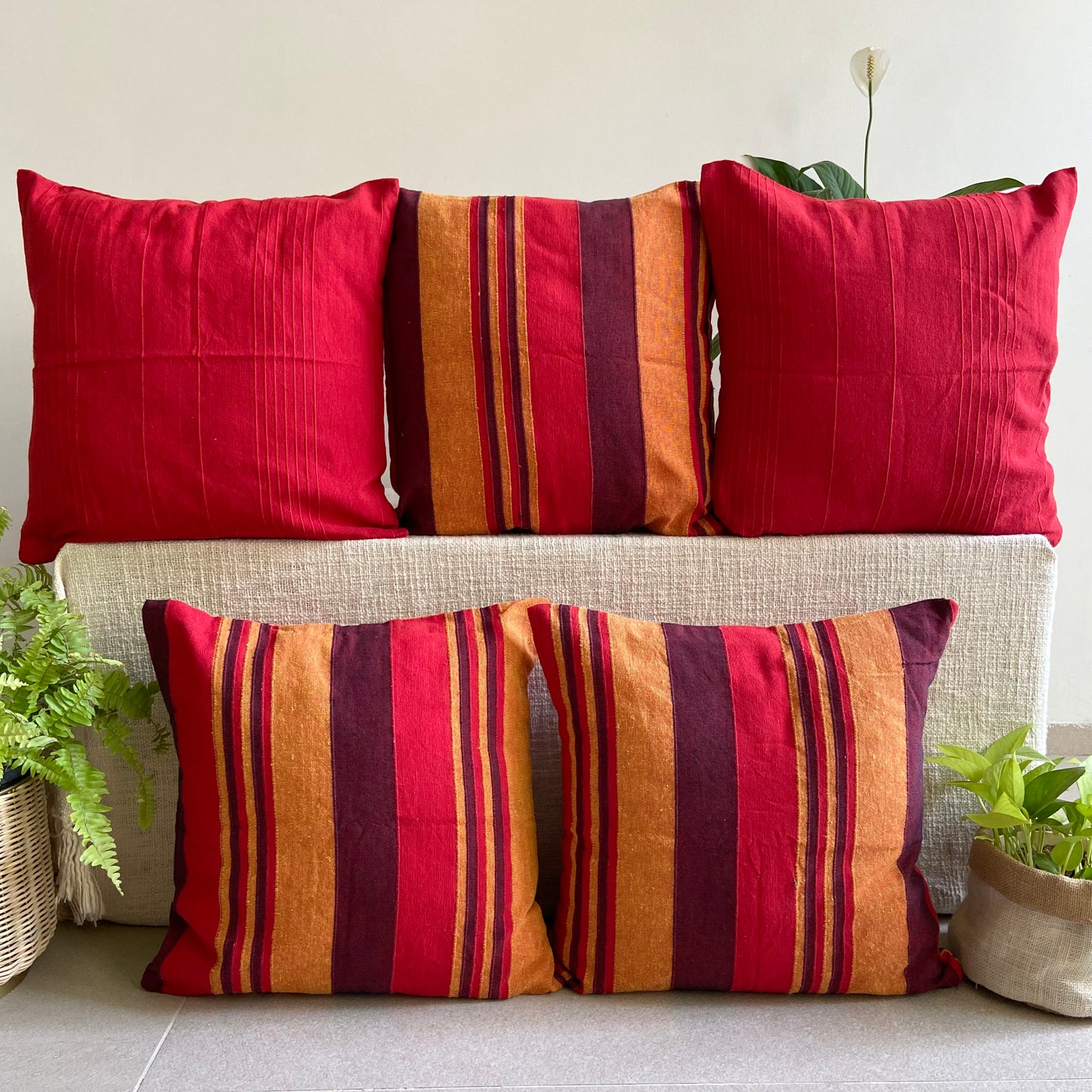 Handloom Red Cotton Cushion Covers (Pack of 5)