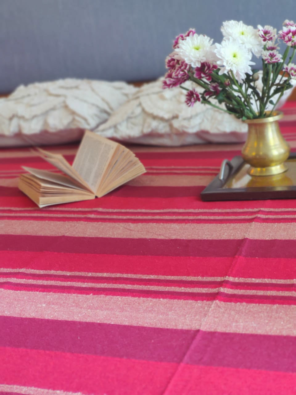 Handloom Cotton Maroon Striped Double Bedcover without Pillow Covers