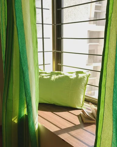 Handloom Cotton Green Striped Light Filtering Curtains 8 feet (Set of 2)